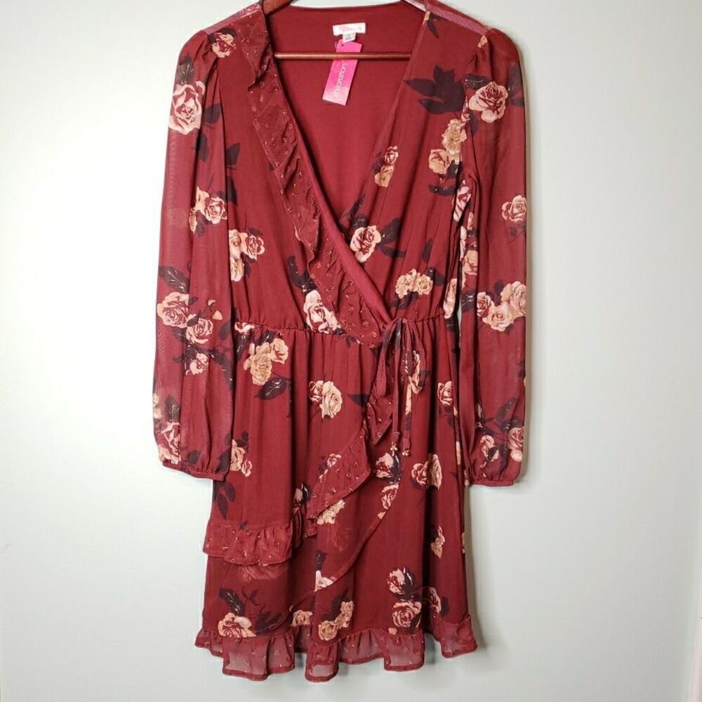 Floral Ruffle Long Sleeve Dress Peasant Cottage Side Tie Faux Wrap V-Neck SMALL